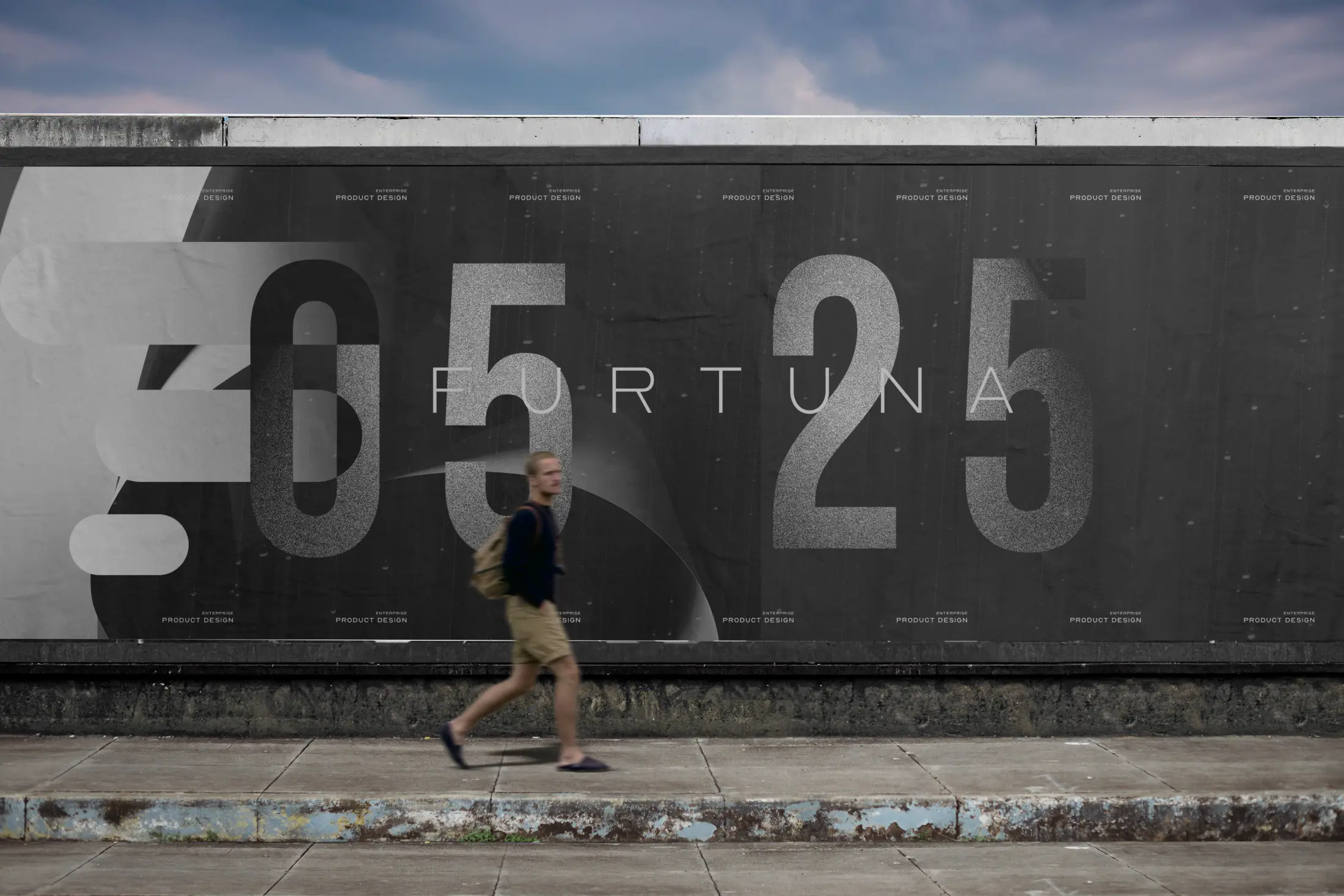 Man walking by a billboard.