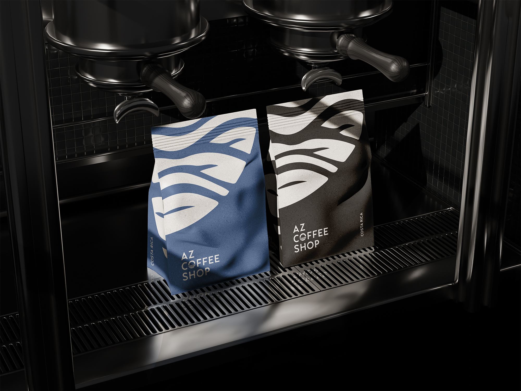 Two bags of coffee on an espresso machine.