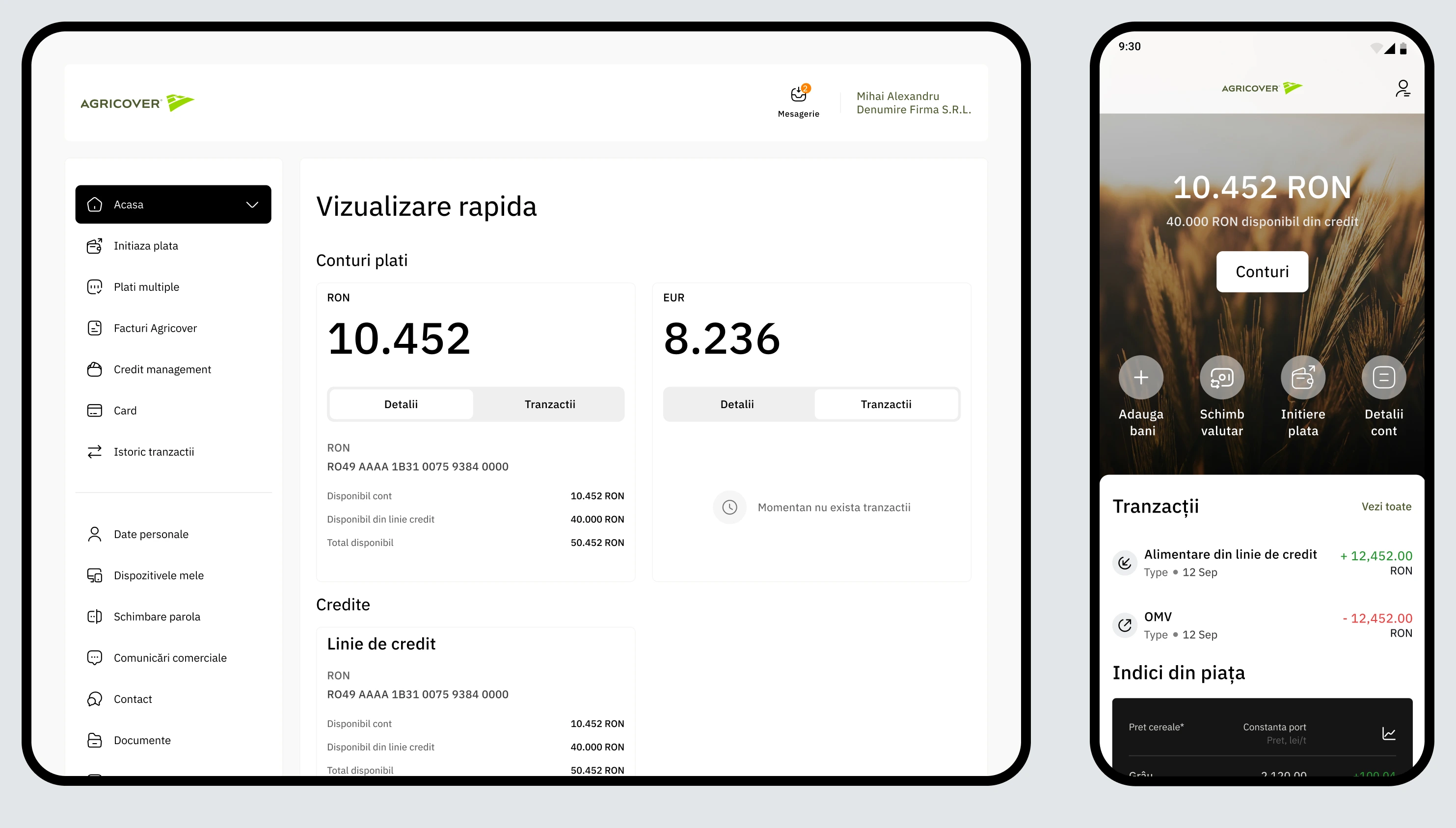 Dashboard desktop Agricover Pay