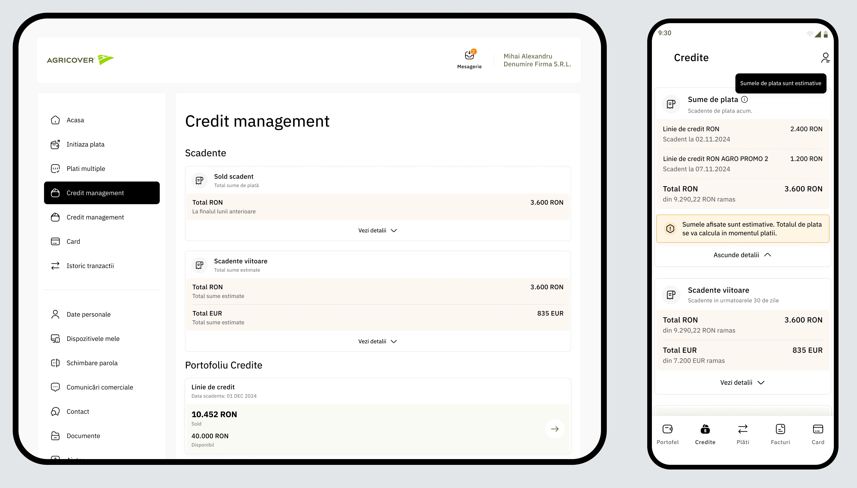 Dashboard mobil Agricover Pay