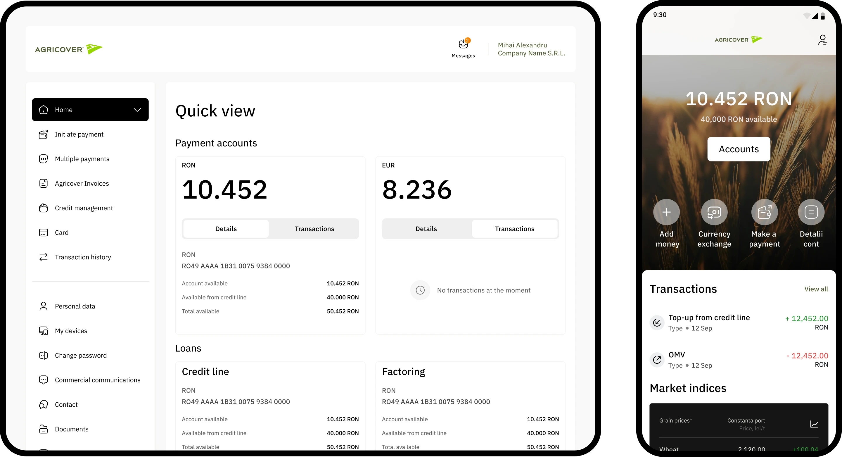 Agricover Pay desktop dashboard