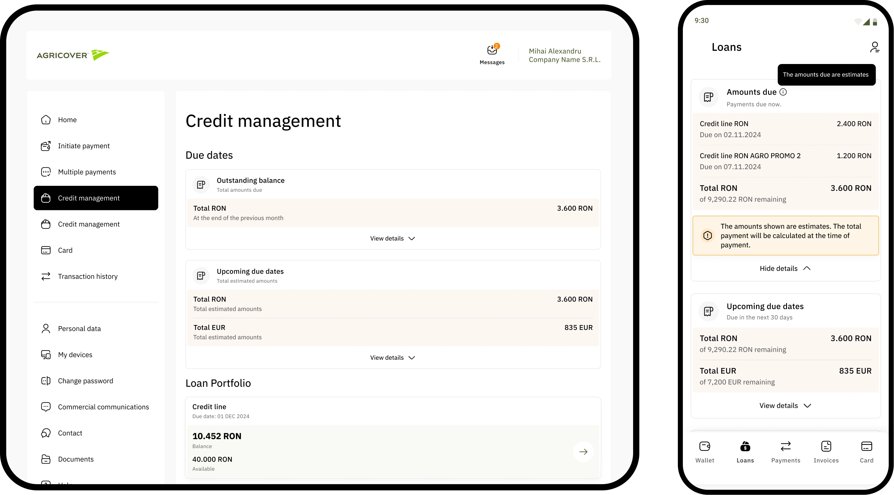 Agricover Pay mobile dashboard