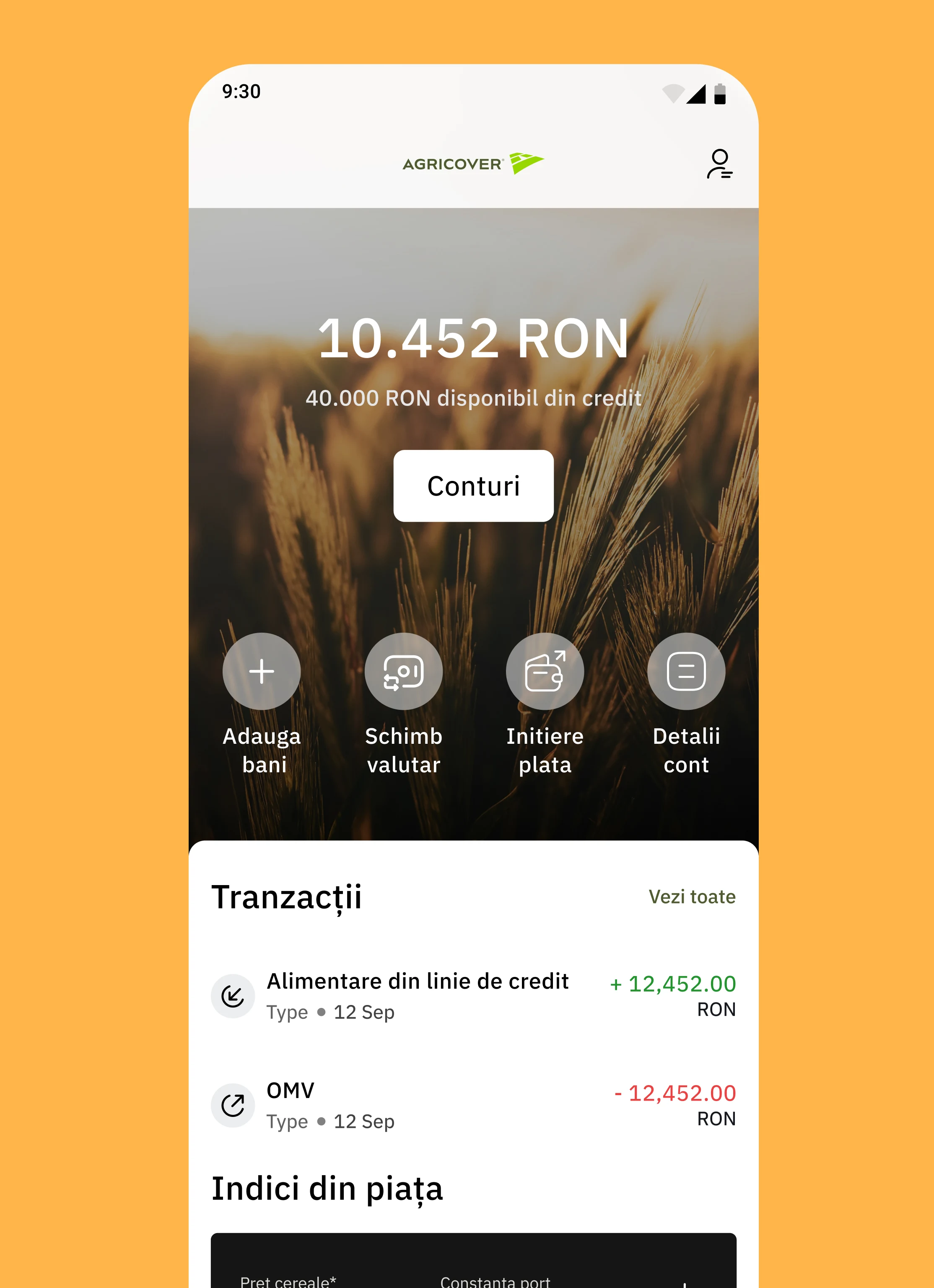 Portofel și tranzacții în Agricover Pay